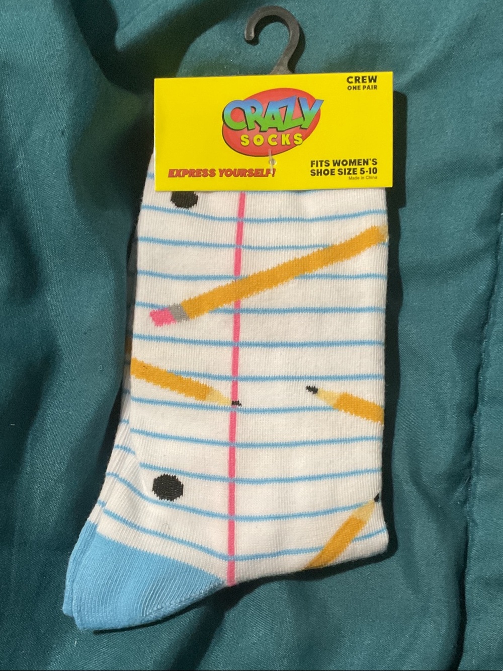Crazy Socks - Notebook-Print & pencils w/ Blue Toe Women 5-10-Teacher gift!